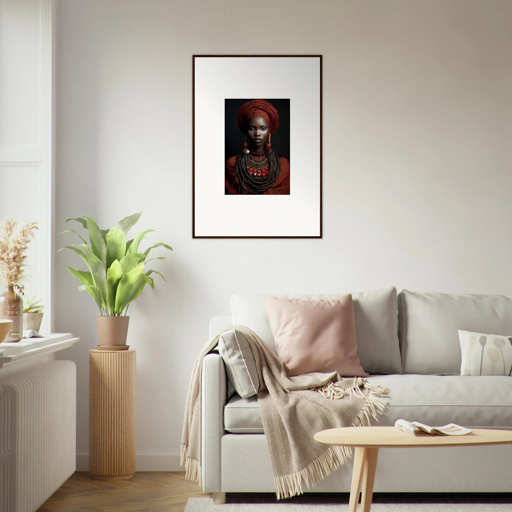 Framed wall art featuring traditional African jewelry and a red head wrap from Ondine Atrium Accoutrements