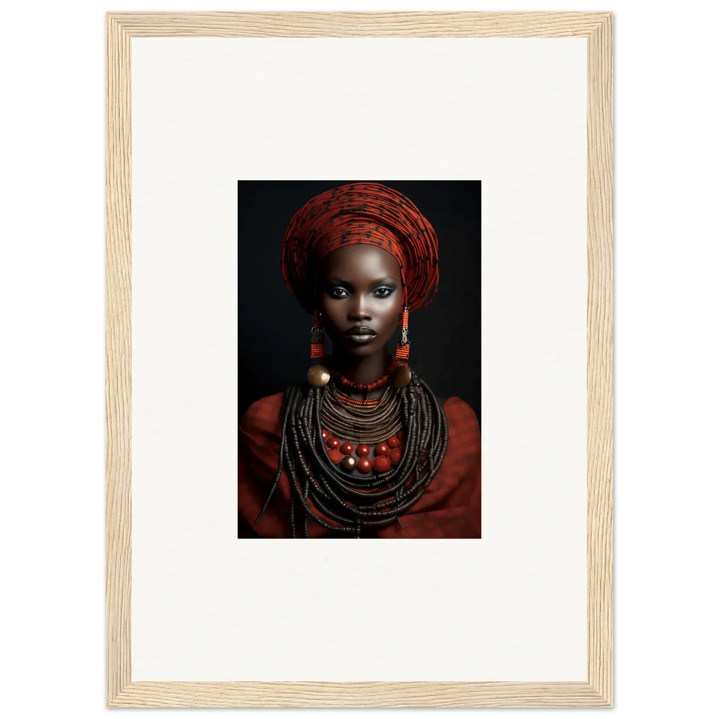 Framed wall art of African tribal jewelry and a red head wrap from Ondine Atrium Accoutrements