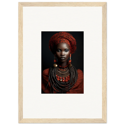 Framed wall art of African tribal jewelry and a red head wrap from Ondine Atrium Accoutrements