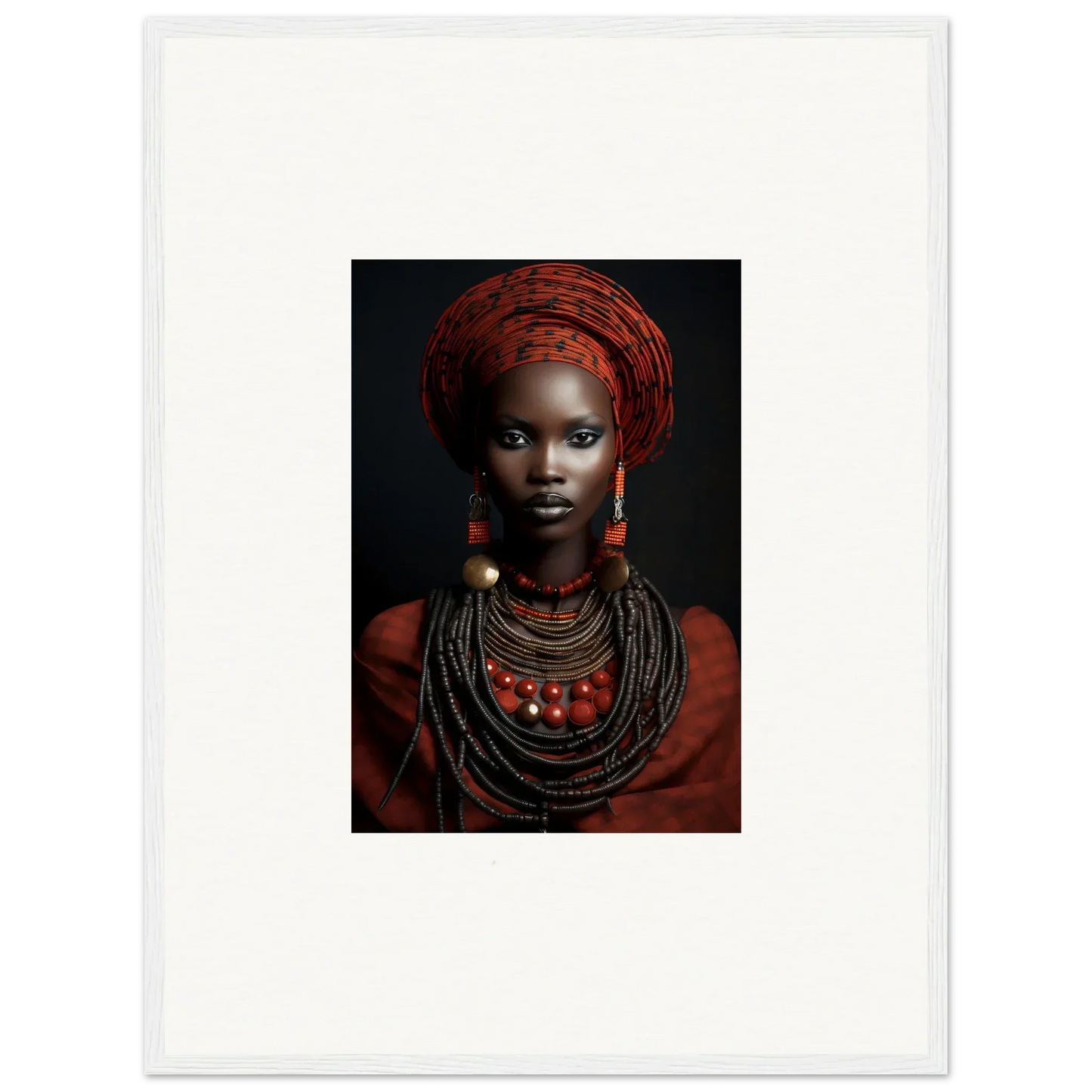 Portrait of vibrant African headwrap and beaded necklaces from Ondine Atrium Accoutrements