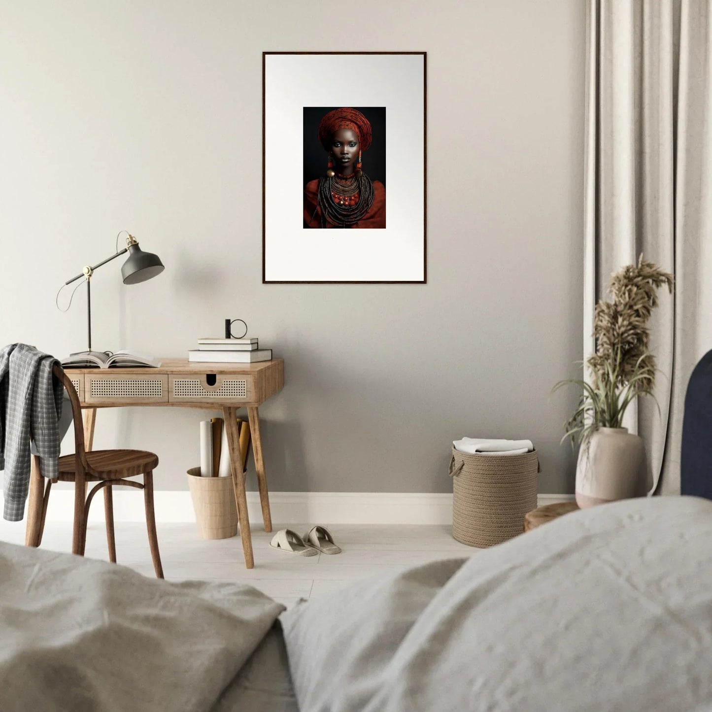 Framed wall art with dark tones and red accents from Ondine Atrium Accoutrements