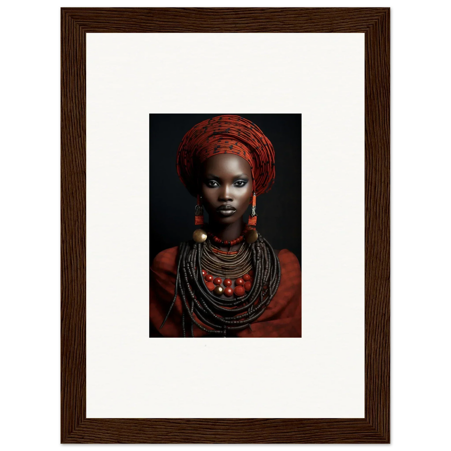 Portrait of vibrant red head wrap and tribal jewelry, Ondine Atrium Accoutrements