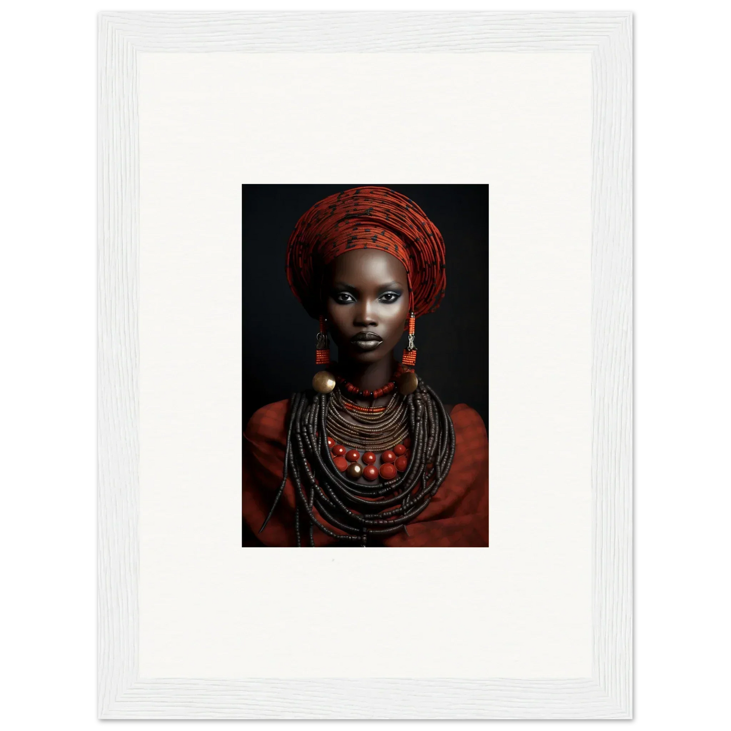 Portrait of traditional African attire with red head wrap, Ondine Atrium Accoutrements