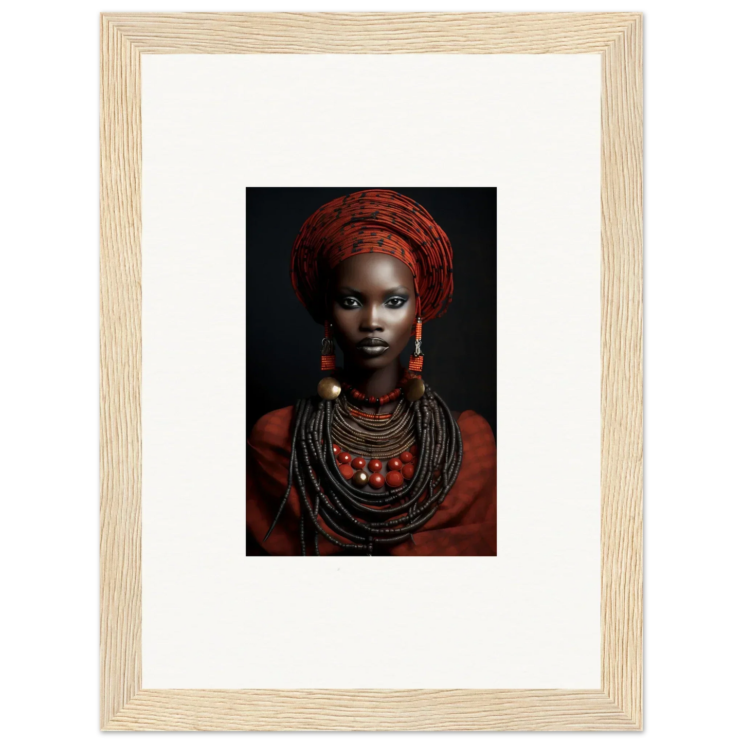 Framed wall art of traditional African jewelry and red head wrap from Ondine Atrium Accoutrements