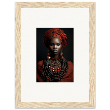 Framed wall art of traditional African jewelry and red head wrap from Ondine Atrium Accoutrements