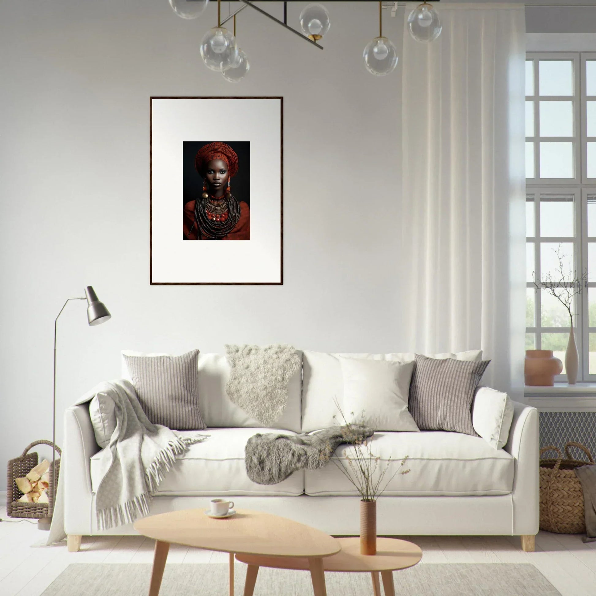 White sofa with gray and cream pillows, part of Ondine Atrium Accoutrements collection