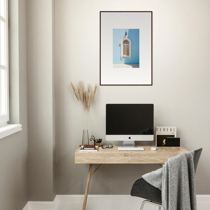 Minimalist wooden desk featuring an iMac and Opalescent Odyssey premium framed wall art