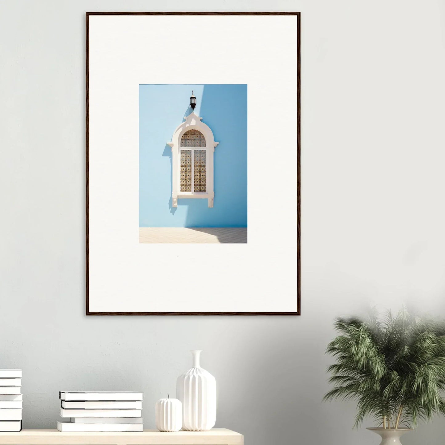 White ornate window with arch and lattice in Opalescent Odyssey premium framed wall art