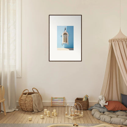 Framed wall art print of a white window against blue sky in Opalescent Odyssey design