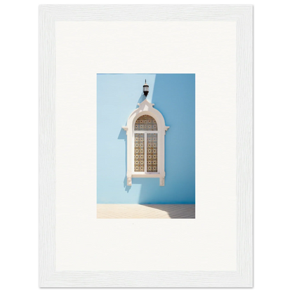 White ornate window frame with metalwork on blue wall from Opalescent Odyssey special edition art™