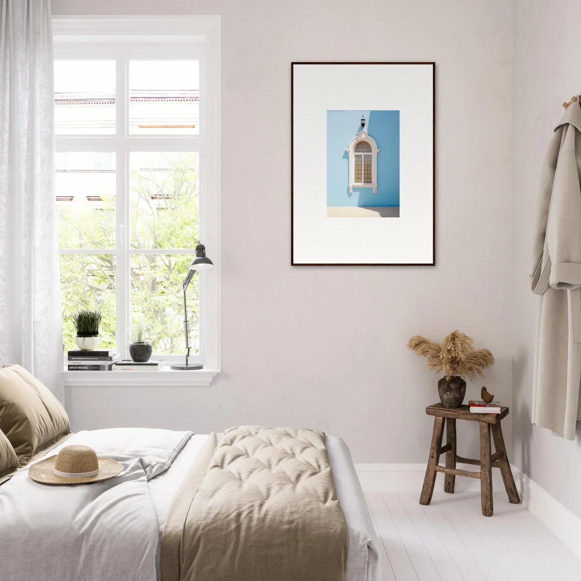 Minimalist bedroom featuring Opalescent Odyssey premium framed wall art in neutral tones