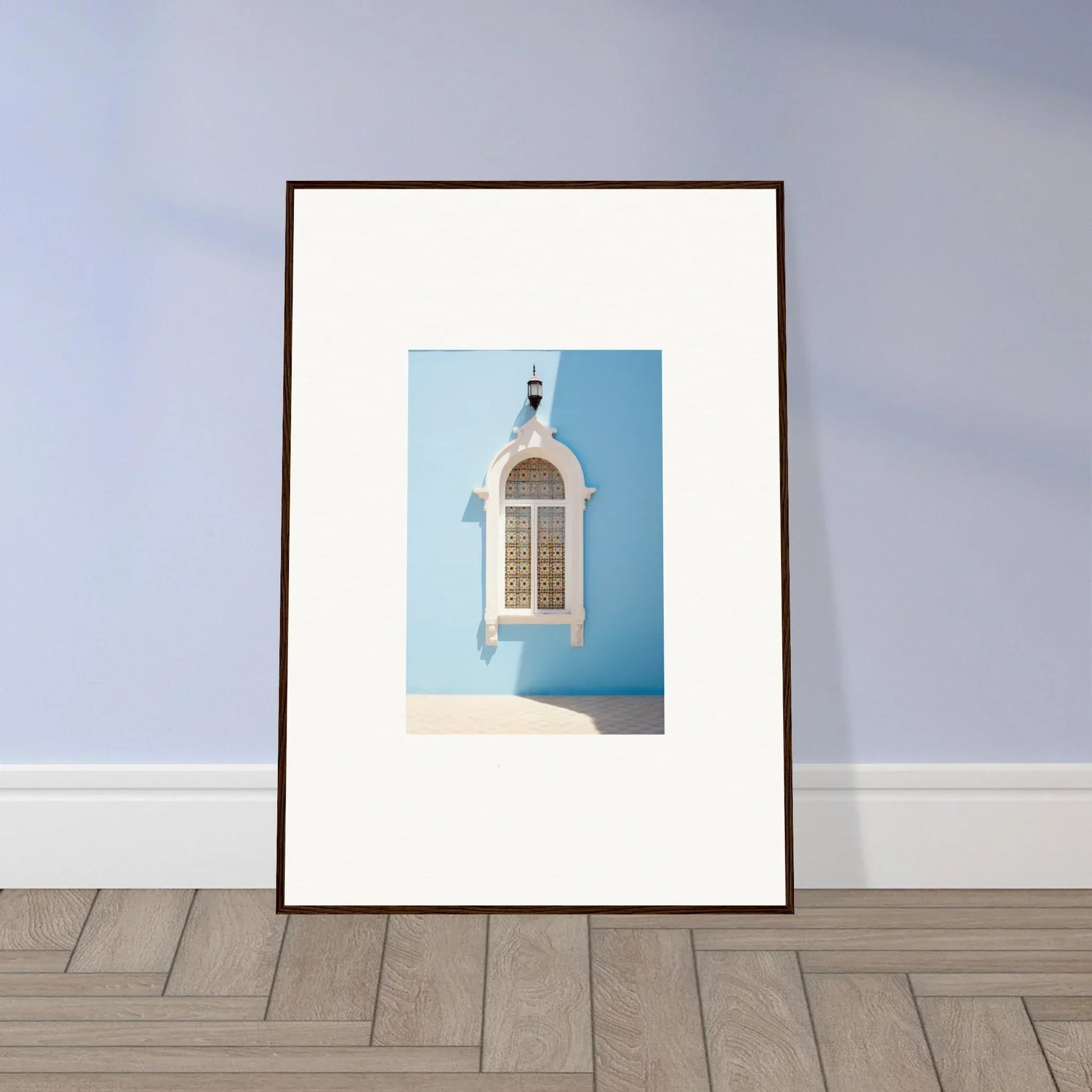 Framed art print of an ornate white window from the Opalescent Odyssey collection