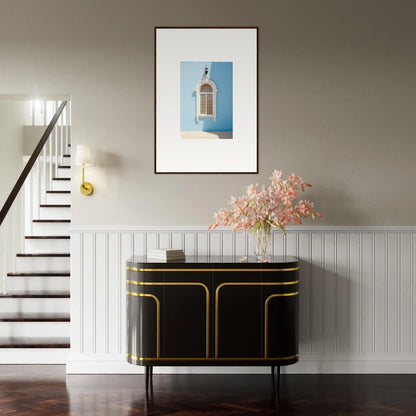 Black credenza with gold trim and curved edges from Opalescent Odyssey special edition art