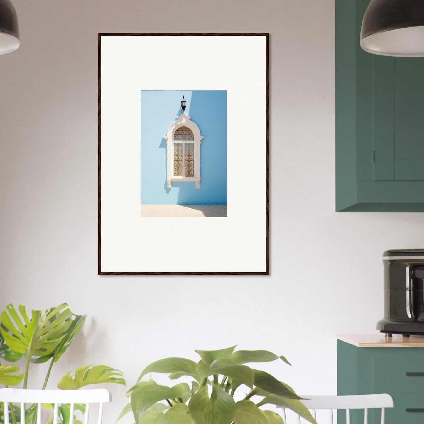 Framed Opalescent Odyssey artwork of a white Mediterranean window with blue sky