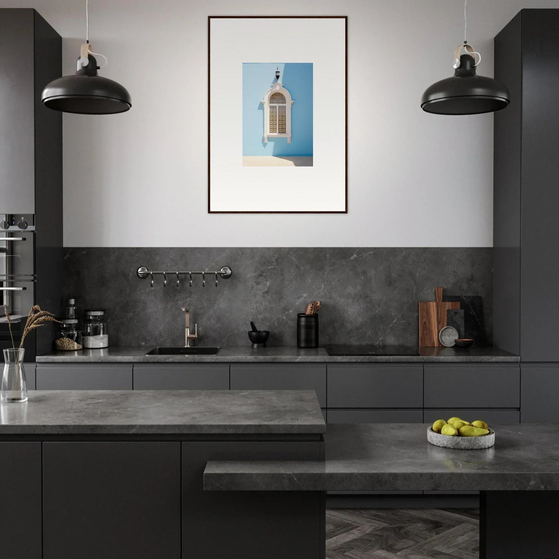 Modern dark kitchen featuring Opalescent Odyssey with matte black cabinets and pendant lights