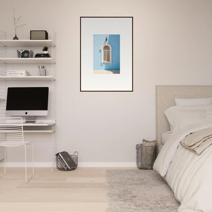 Minimalist bedroom featuring Opalescent Odyssey with floating shelves and premium framed wall art