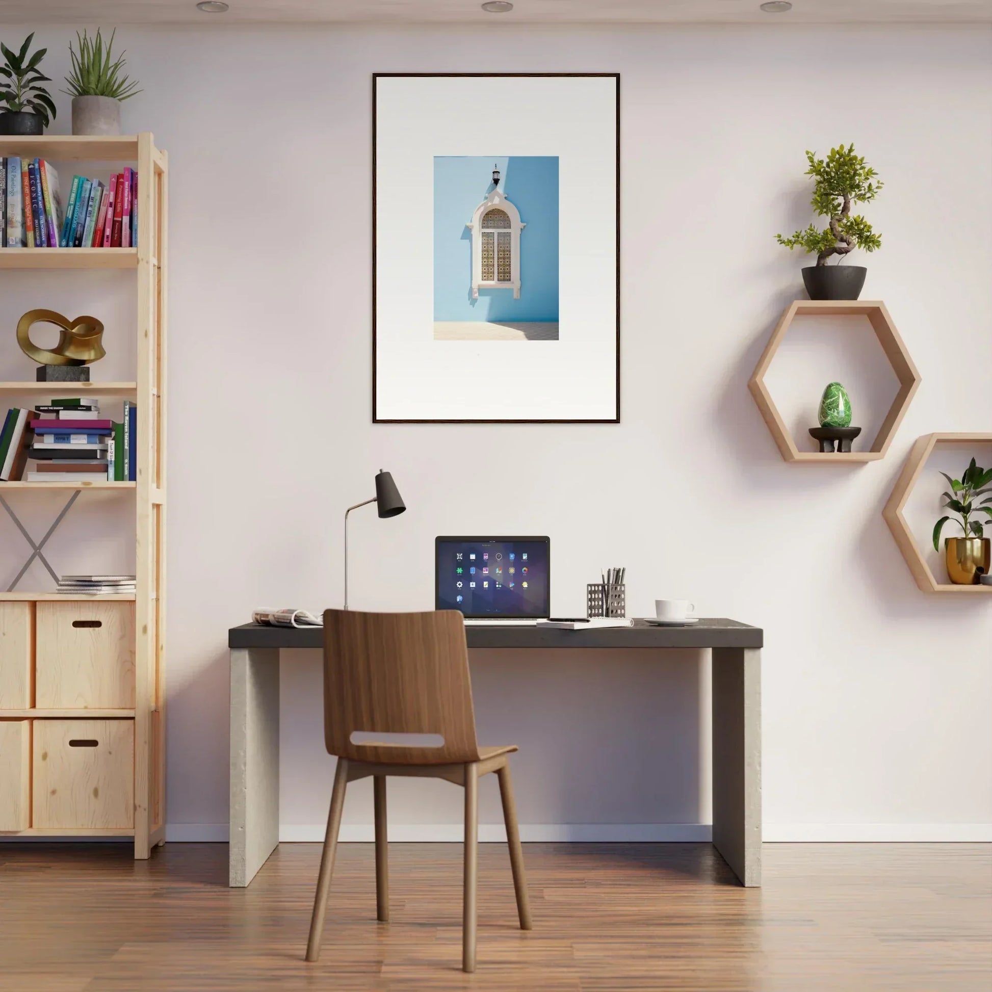 Cozy desk setup with a wooden chair and laptop from Opalescent Odyssey collection