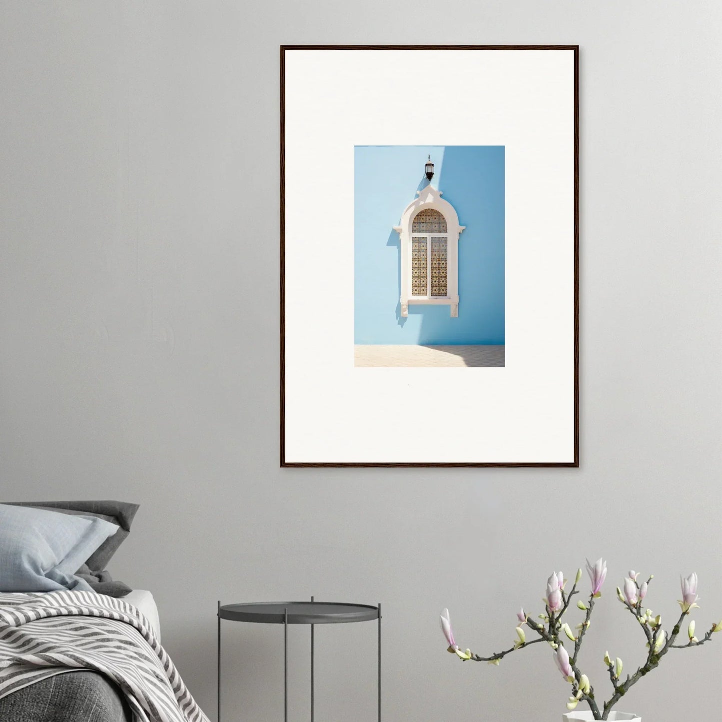 White arched window with ornate metalwork on a blue wall from Opalescent Odyssey special edition art™