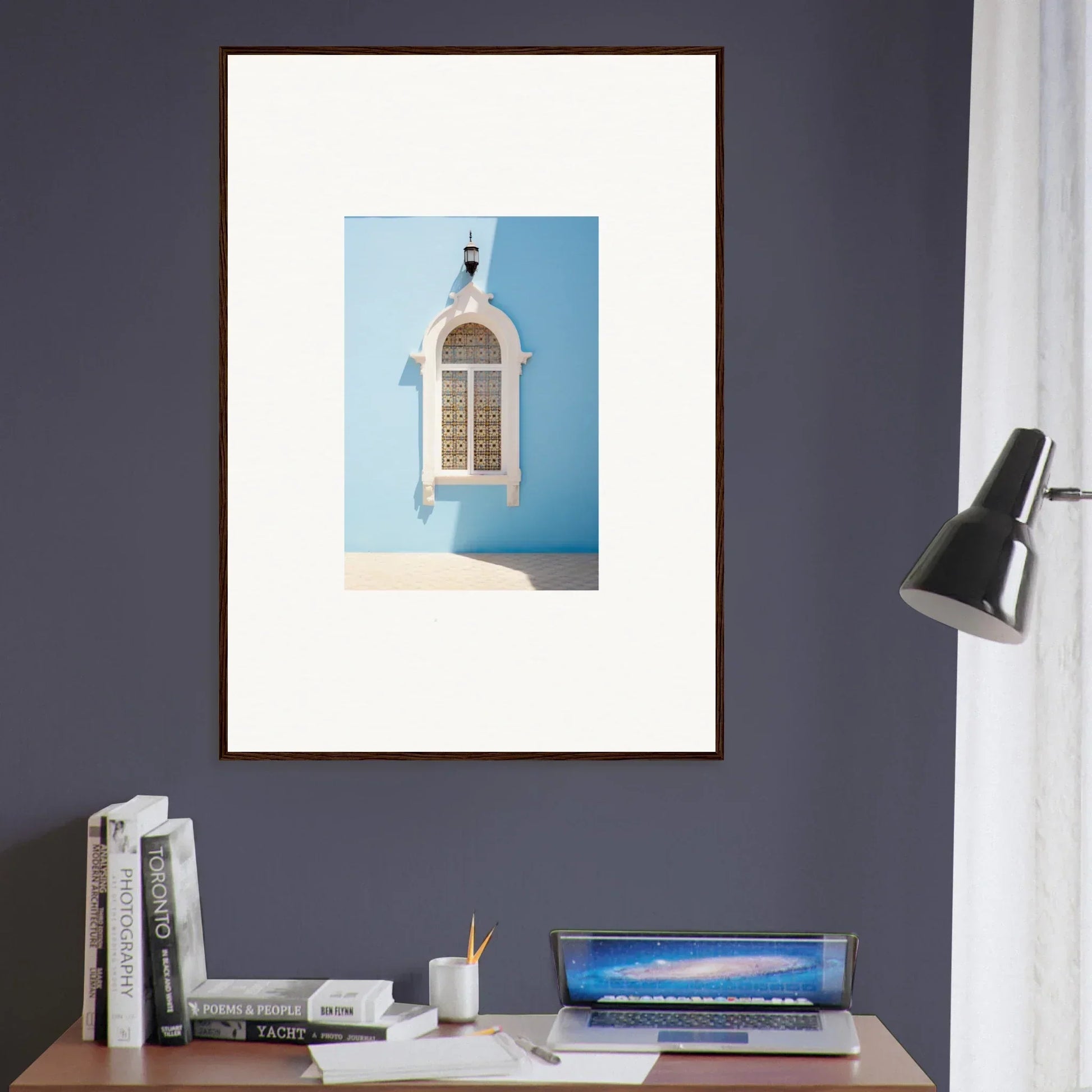 Framed art print of a Mediterranean window in Opalescent Odyssey for premium walls