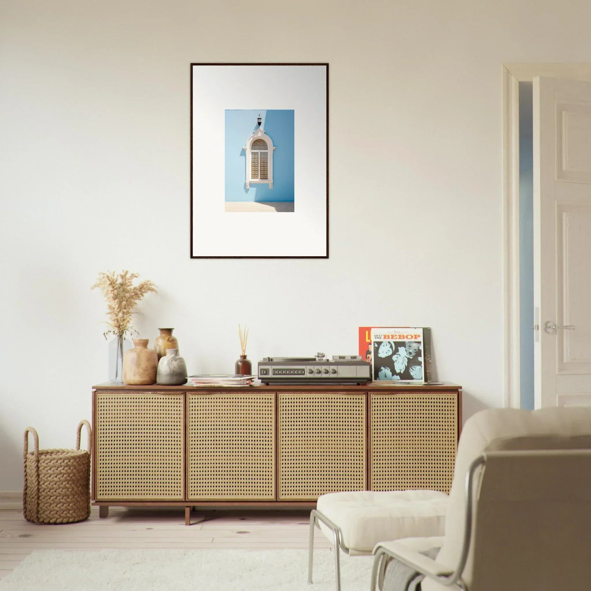 Rattan-fronted wooden credenza from Opalescent Odyssey, perfect for stylish storage