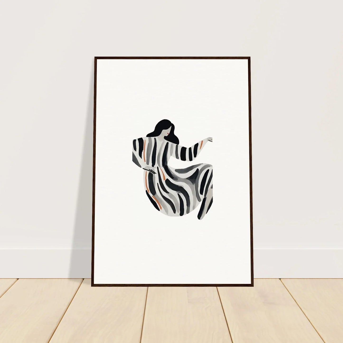 Minimalist black and white illustration of a woman in a striped dress for opulence embraced canvas print