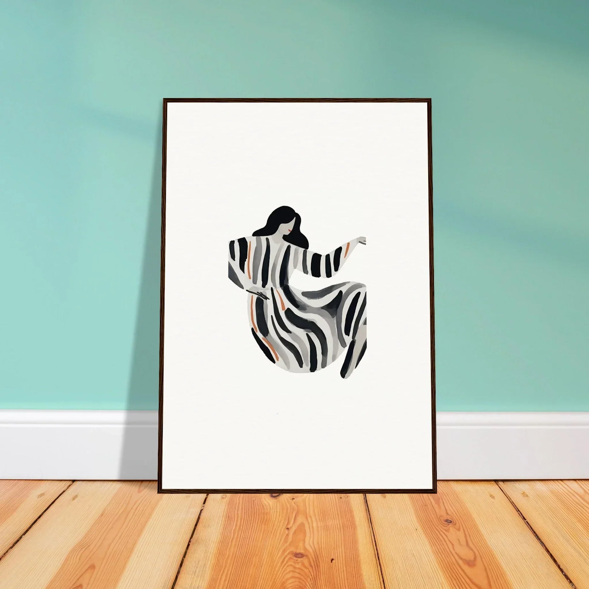 Framed minimalist canvas print of a stylish female figure in black and white stripes for opulence embraced room decoration