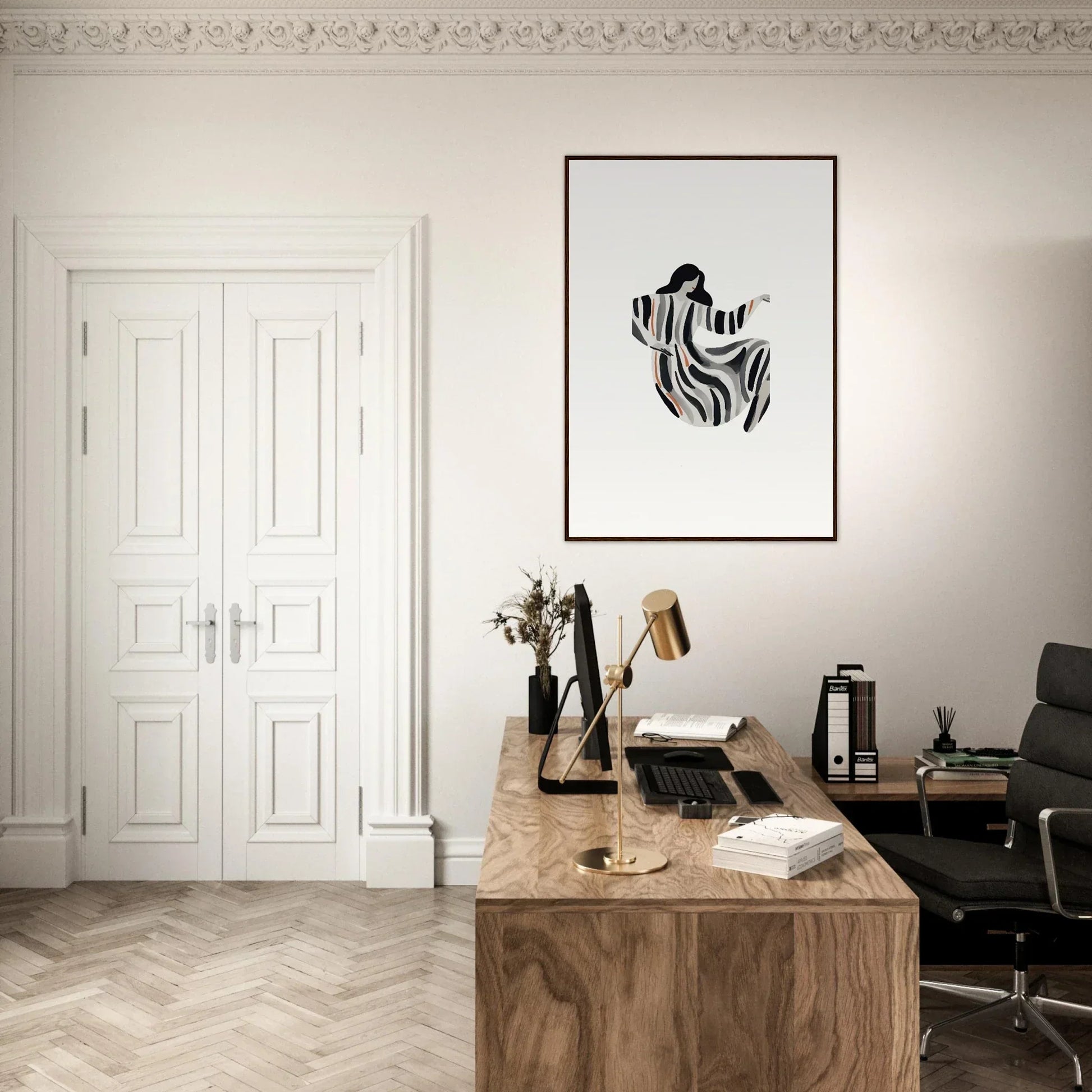 Minimalist home office with wooden desk and Opulence Embraced canvas print for decor