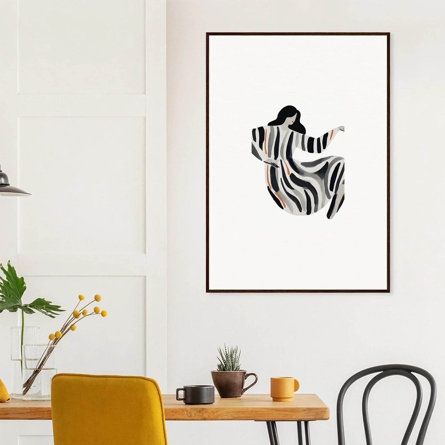 Framed minimalist canvas print of a figure in zebra-striped robe for room decoration