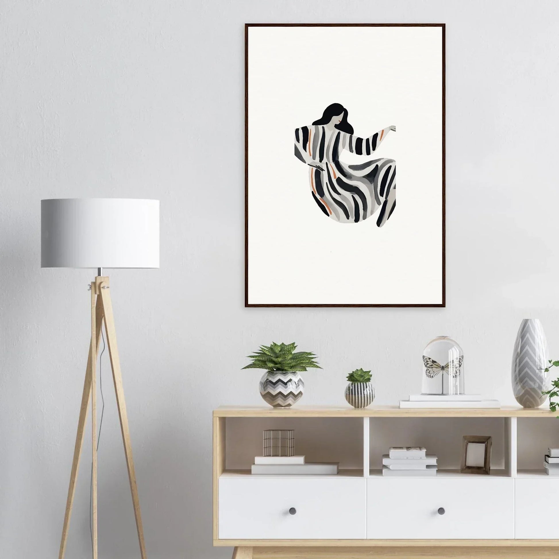 Abstract black and white zebra figure in motion for opulence embraced canvas print decor