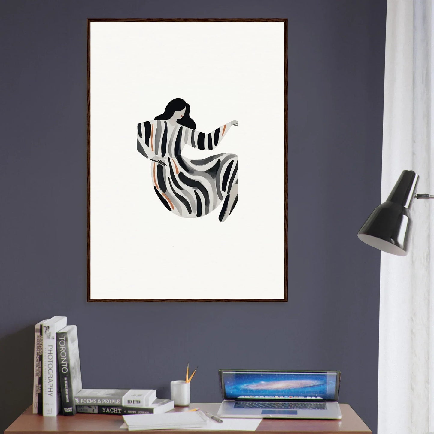 Minimalist black and white figure in flowing stripes for opulence embraced room decoration