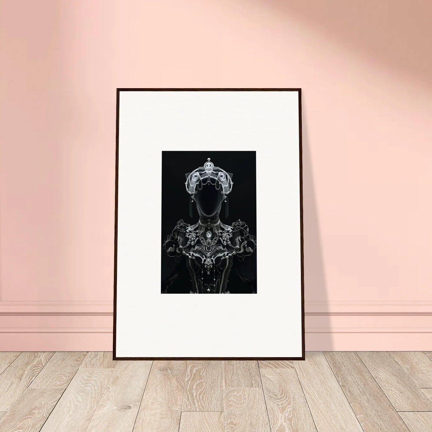 Framed black and white wall art of a figure in elaborate costume for stylish room decor