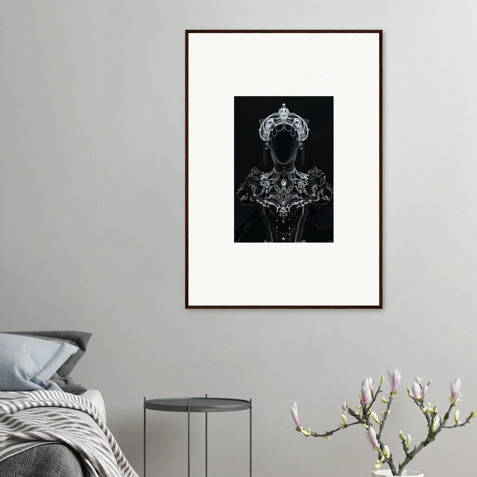 Framed wall art featuring shadow mirage of an ornate faceless figure in costume