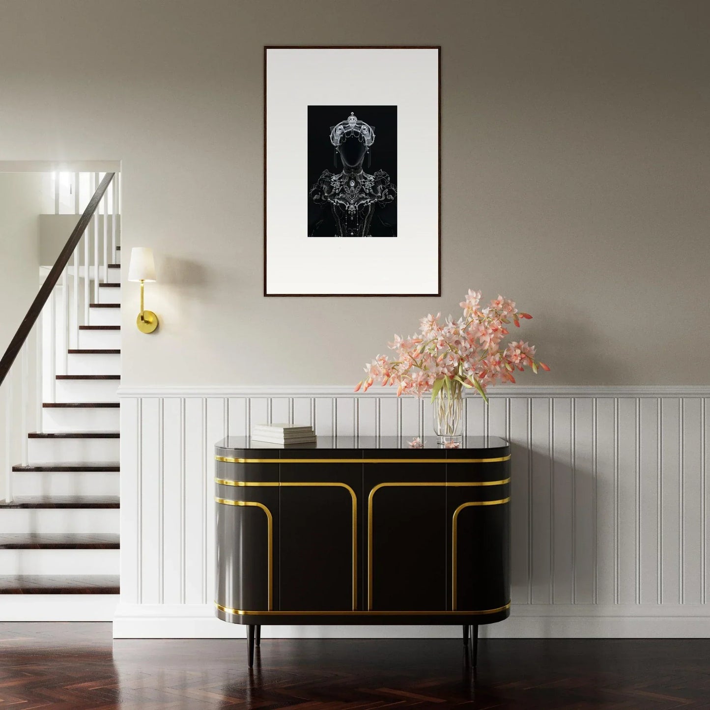 Elegant black sideboard with gold trim, perfect for shadow mirage room decor