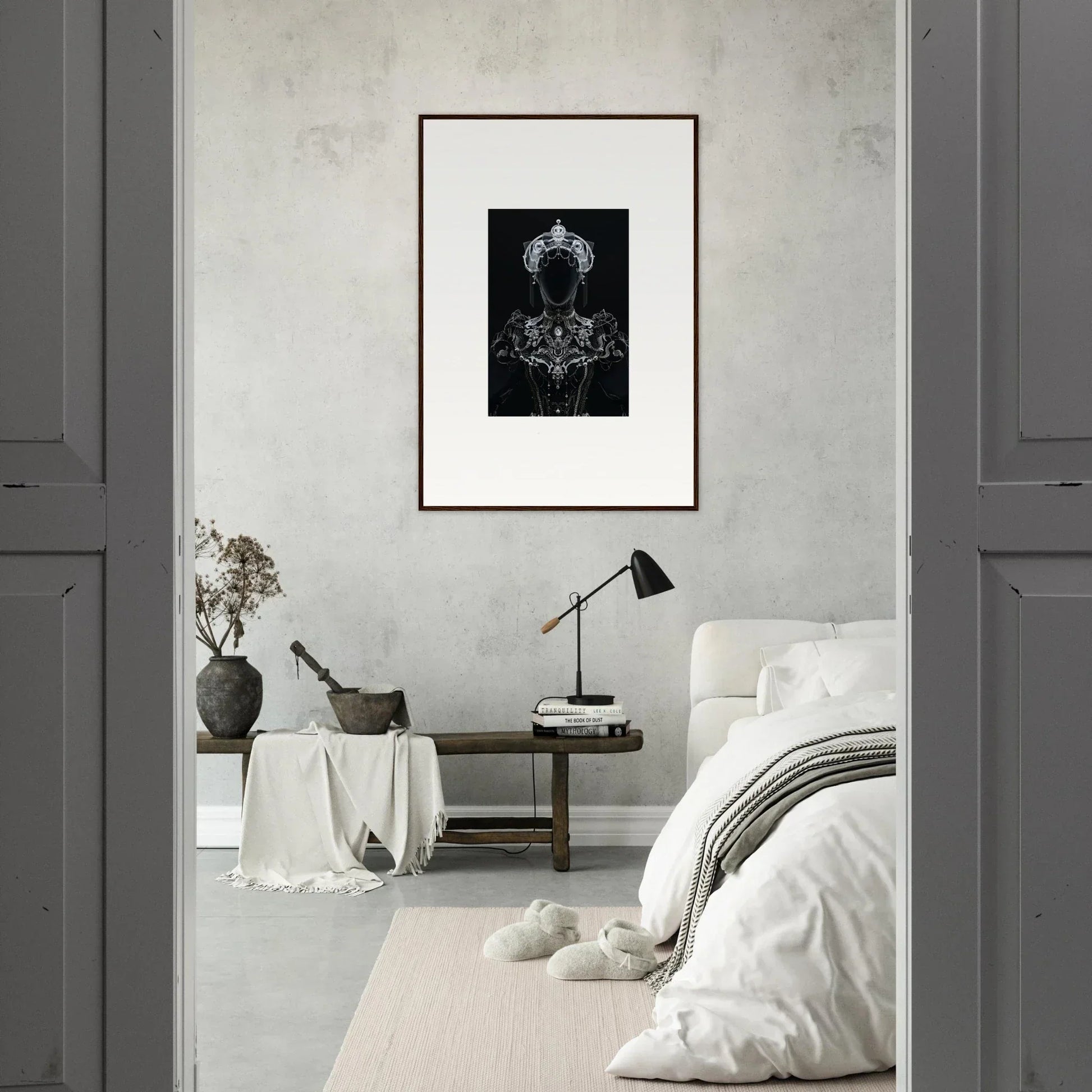 Framed black and white wall art of chandelier in Opulent Shadow Mirage room decor