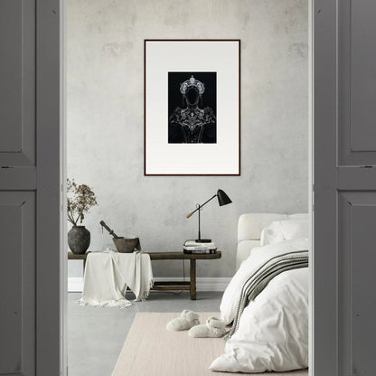 Framed black and white wall art of chandelier in Opulent Shadow Mirage room decor