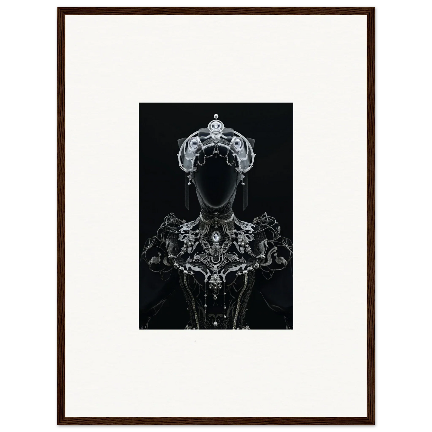 Ornate black and white portrait featuring elaborate headdress for Opulent Shadow Mirage room decor