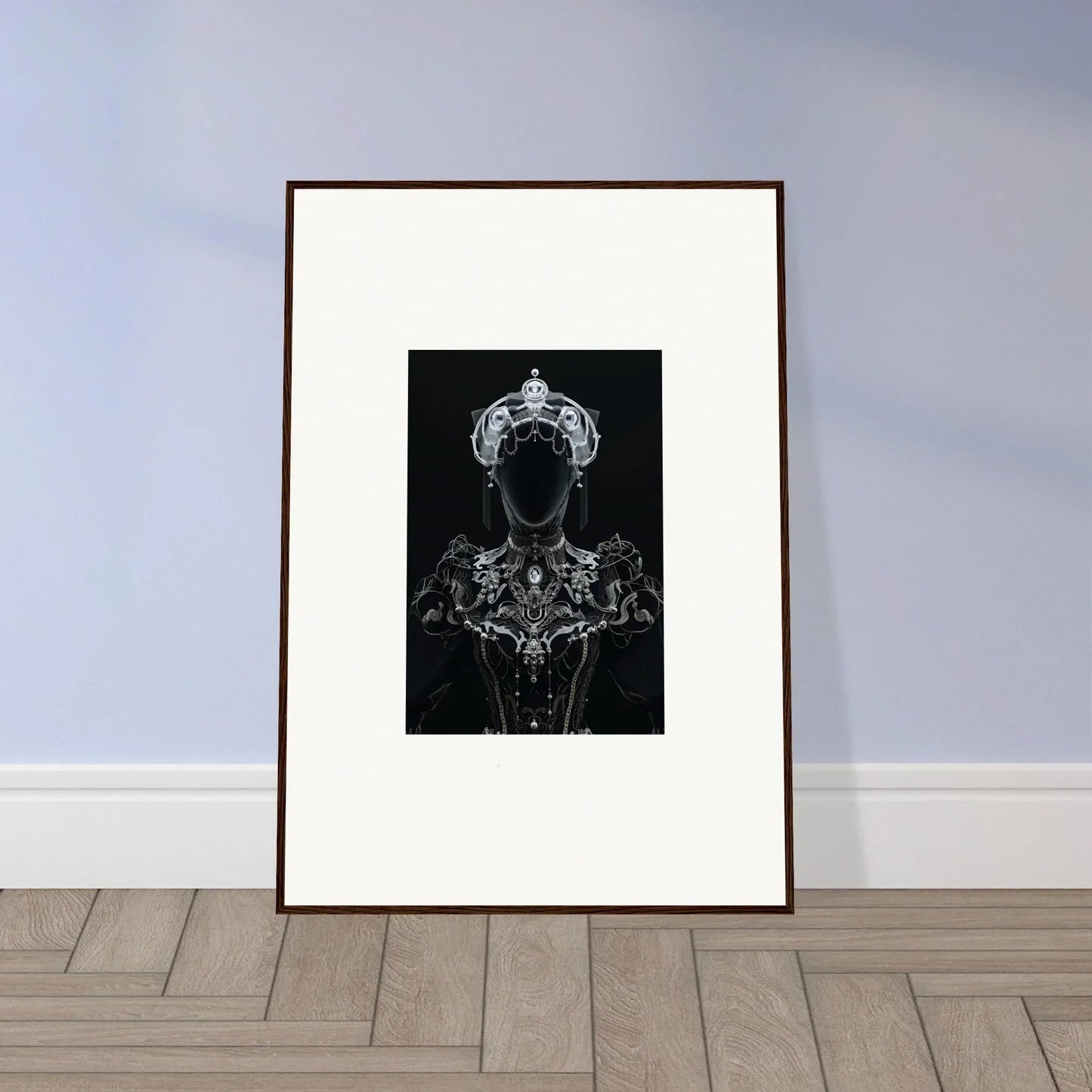 Framed black and white portrait of a crowned figure for stylish room decor, Shadow Mirage