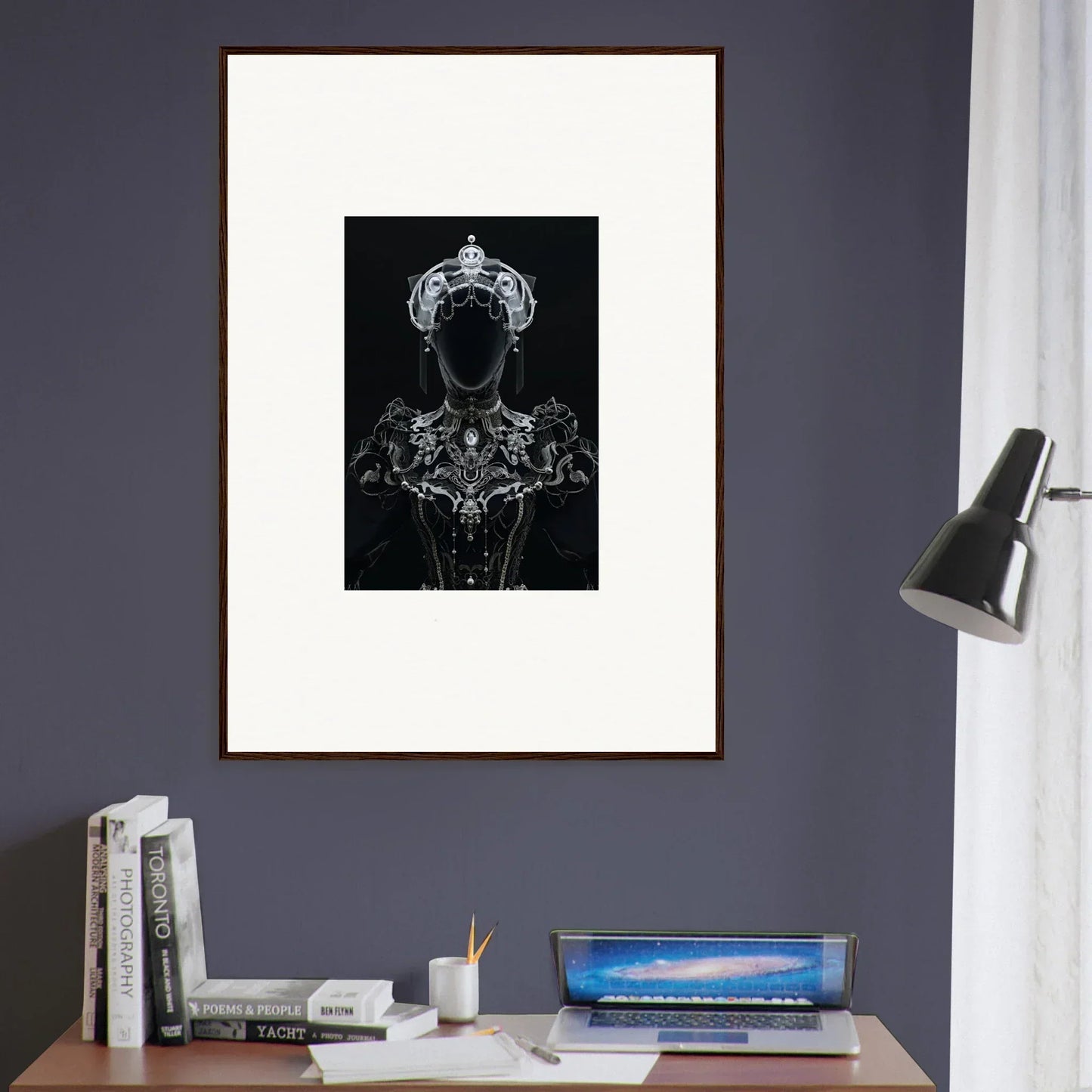 Framed wall art of ornate royal figure in shadow mirage style for elegant room decor