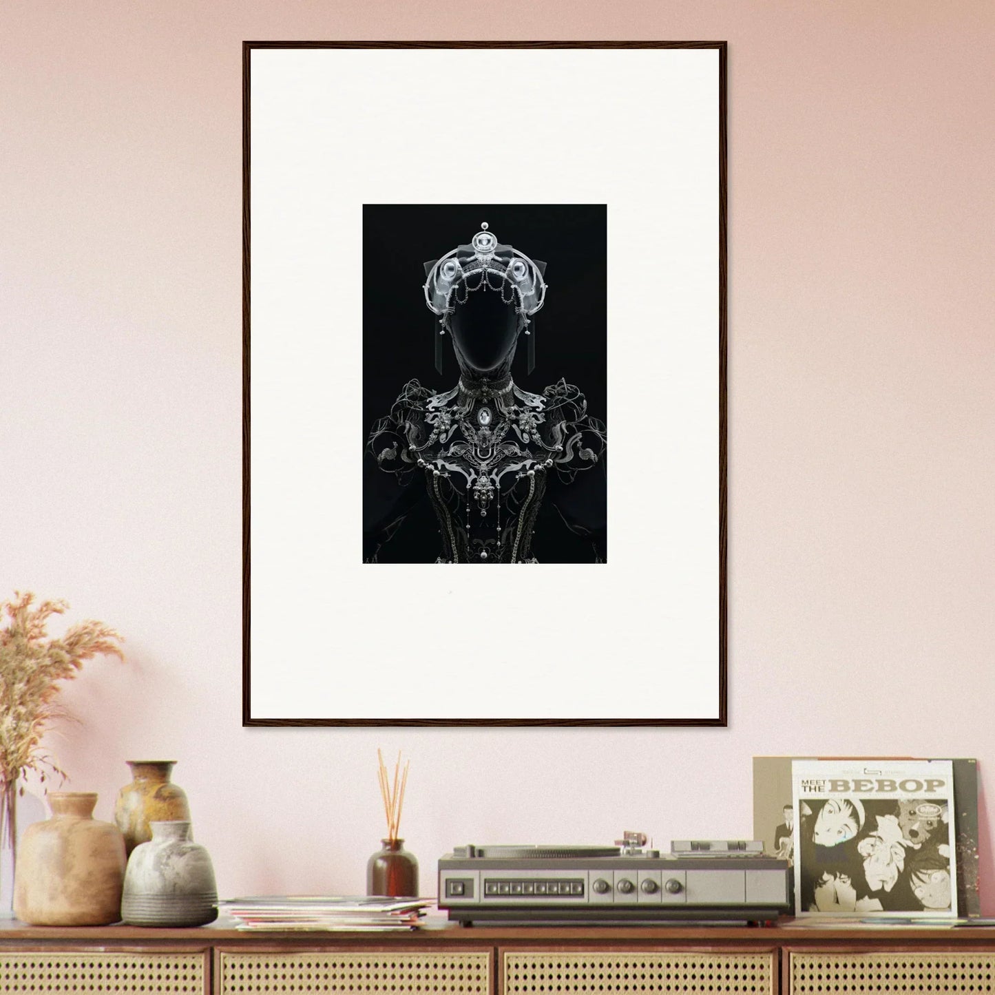 Framed wall art of an ornate figure in shadow mirage design for elegant room decor