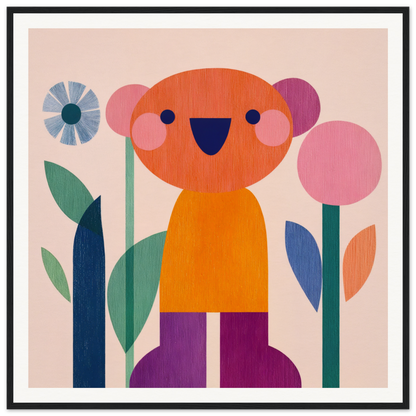 Cheerful cartoon bear among flowers on Orange Joy special edition framed canvas