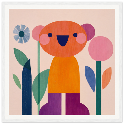 Cheerful orange bear in purple pants surrounded by flowers for the Orange Joy special edition