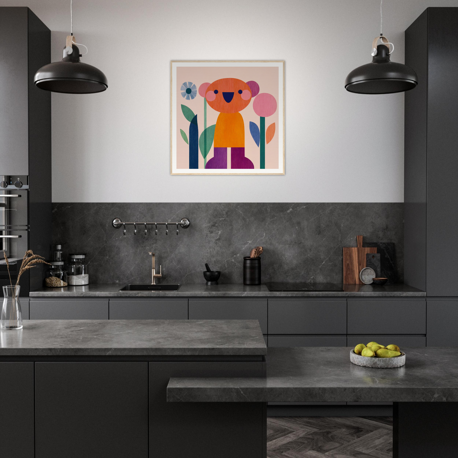 Modern dark gray kitchen featuring a special edition Orange Joy framed canvas koala artwork