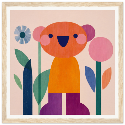 Cheerful cartoon bear among flowers in Orange Joy framed canvas, special edition