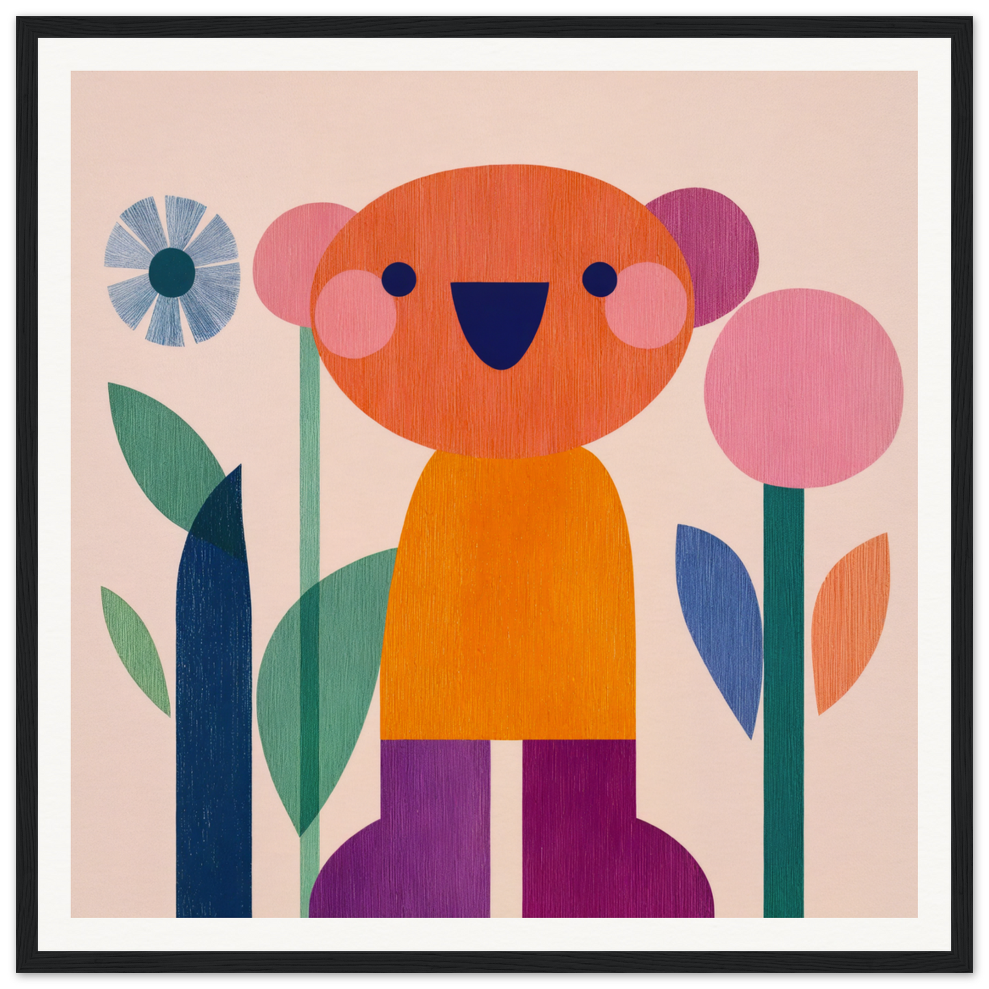 Cheerful orange bear character amidst stylized flowers on Orange Joy special edition canvas