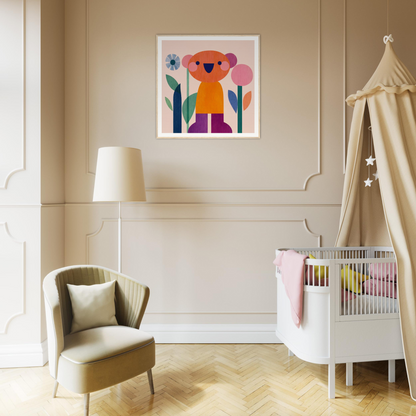 Nursery room featuring Orange Joy special edition bear artwork and modern crib with canopy