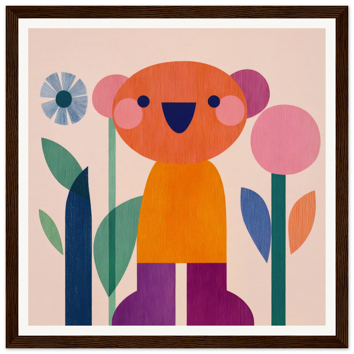 Cheerful cartoon bear among flowers on Orange Joy special edition framed canvas