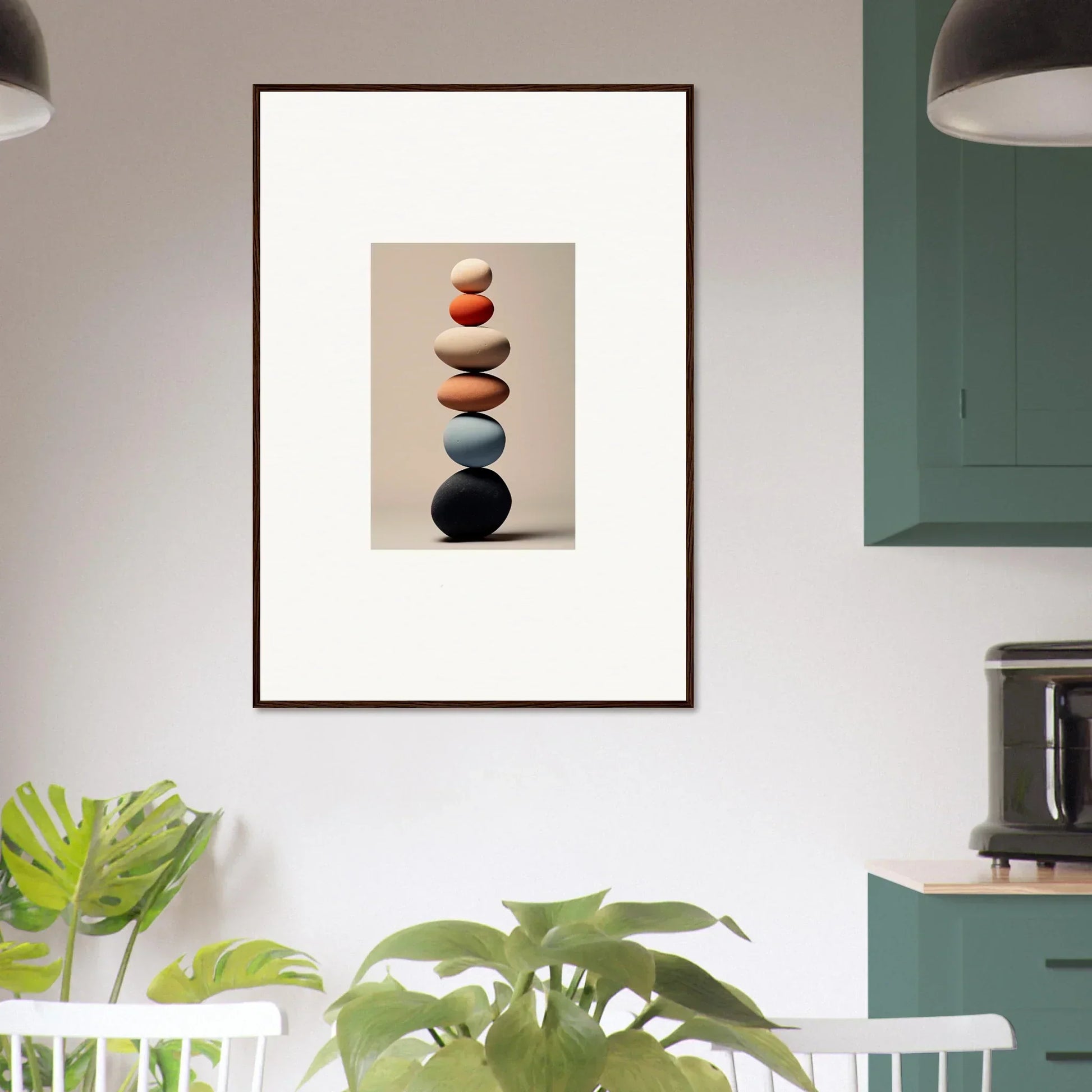 Framed Orb Reverie artwork of earth-tone stacked stones for premium wall decor