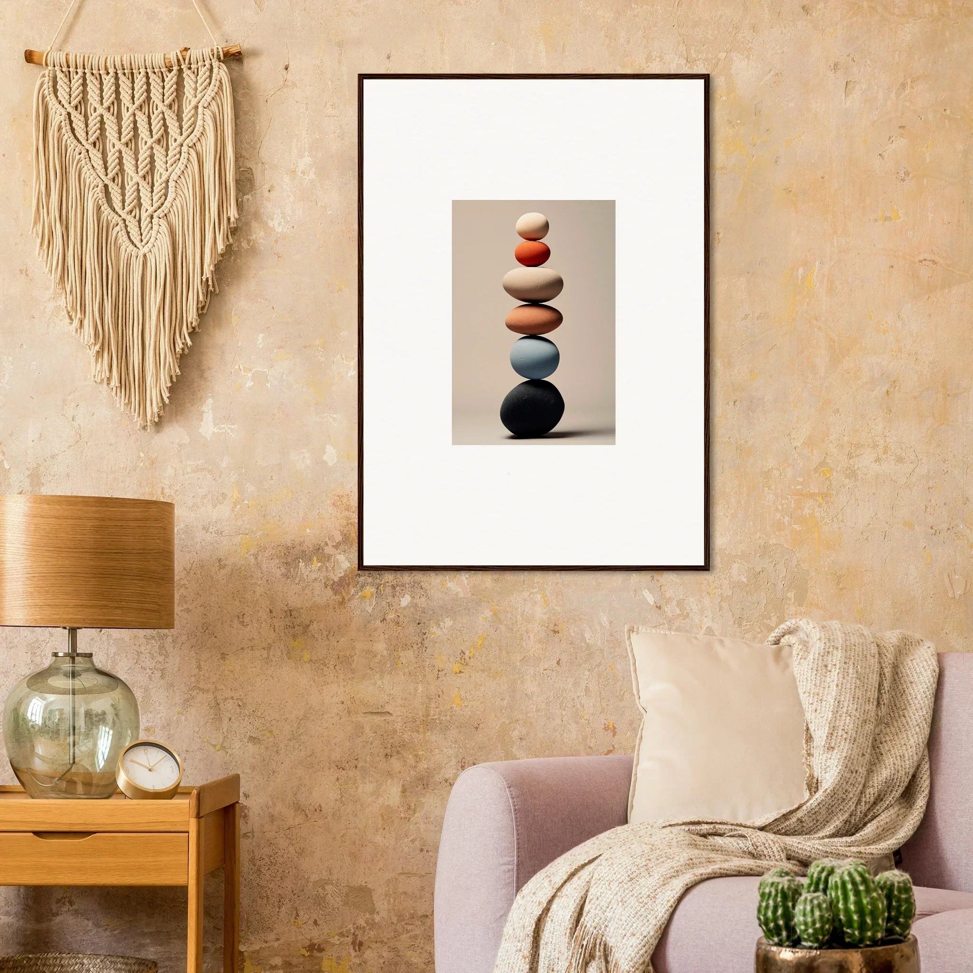 Framed art print of stacked stones in orange, blue, and black for Orb Reverie special edition