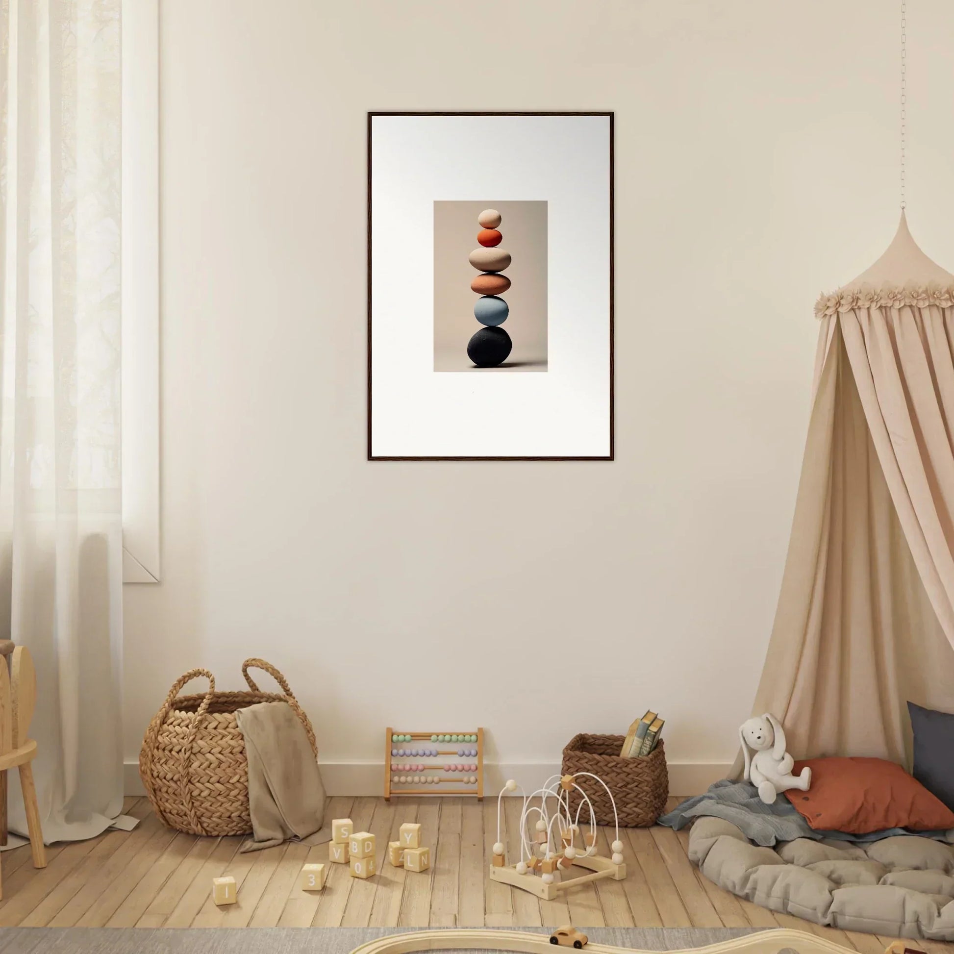 Framed artwork of stacked stones in orange and black for Orb Reverie Special Edition Art