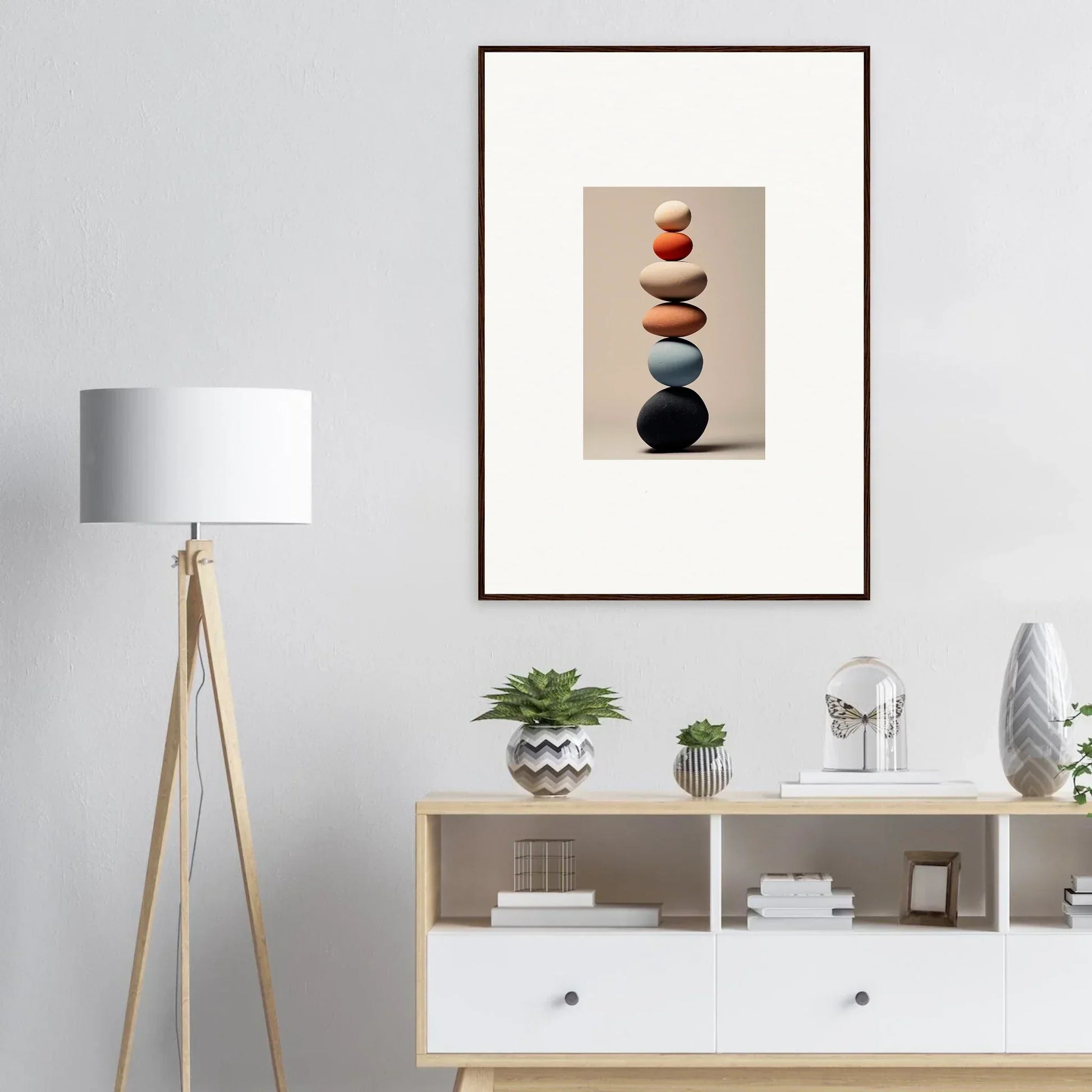 Framed Orb Reverie artwork of balanced stones in warm earth tones for your wall